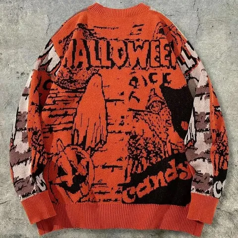 Women's Halloween Orange Pumpkin Ghost Jacquard Knit Cardigan Sweater V-Neck Long Sleeve Shawl Cloak Party Outerwear