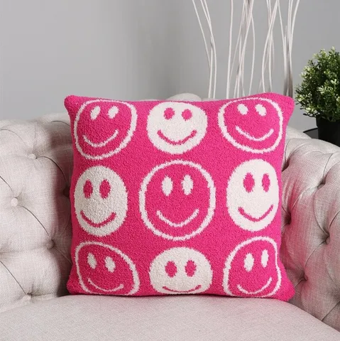Housse de Coussin Décorative Jacquard en Peluche Douce Housse de Coussin Visage Smiley Jolie Housse de Coussin Cartoon Pour Salon Sofa Décoration De La Maison