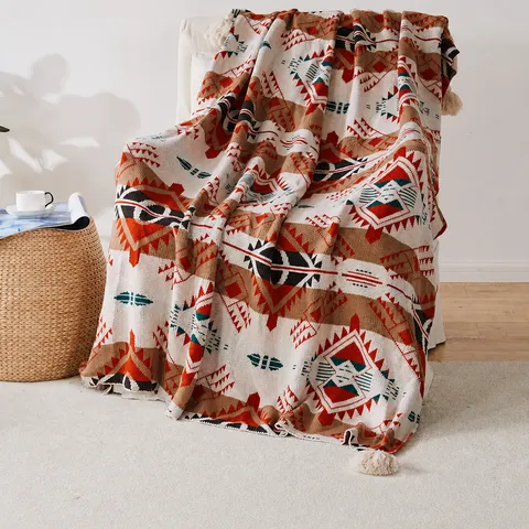 Ethnic Geometric Knitted Jacquard Throw Blanket Tassels Acrylic Soft Warm Sofa Bed Blanket Decorative Bedspread