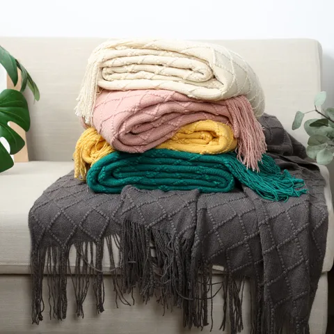 Geometric Knitted Blanket Nordic Sofa Blanket Tassels Fringe Throw Blanket Soft Warm Bed Cover Home Living Room Decor