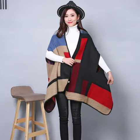 Damen Verdickter Imitat Kaschmir Schal Shawl Winter Warm Kariert Multifunktional Cape Elegante Damen Oberbekleidung