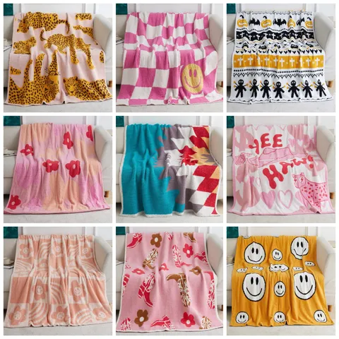 Knitted Jacquard Throw Blanket Soft Cozy Fleece Smiley Floral Blanket For Sofa Living Room Bedding Home Decor Gift