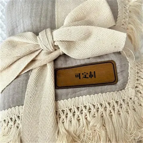 Infant Gauze Blanket Double Layer Cotton Swaddle Newborn Baby Receiving Blanket With Tassels Solid Color Breathable