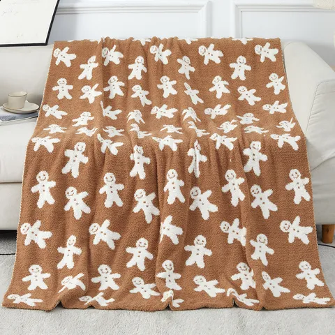 Christmas Blanket Soft Warm Knitted Throw Blanket Gingerbread Man Christmas Tree Pattern Holiday Gift Home Decor