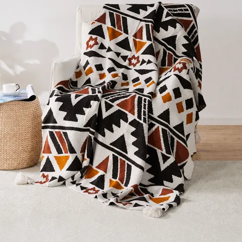 Bohemian Knitted Jacquard Throw Blanket Tassel Fringe Soft Acrylic Sofa Blanket For Living Room Bed Travel Home Decor