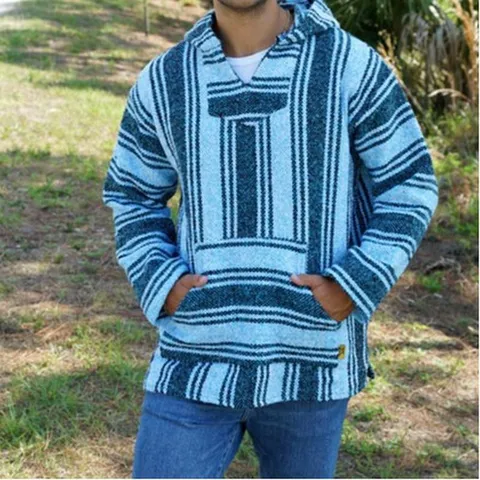 Sweat à Capuche Jacquard Tissé Baja Mexicain Unisexe Manches Longues Pull Décontracté Style Ethnique Sweat à Capuche Rayé