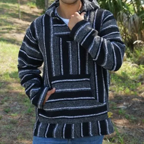 Sweat à Capuche Jacquard Tissé Baja Mexicain Unisexe Manches Longues Pull Décontracté Style Ethnique Sweat à Capuche Rayé