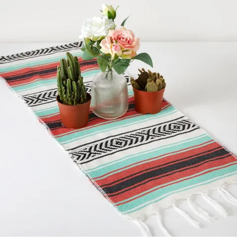 Mexican Style Handcrafted Rainbow Striped Table Runner Woven Tassel Tapestry Blanket For Home Party Dining Decor