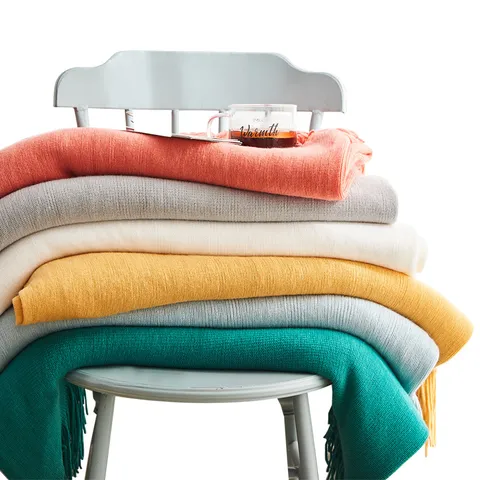 Nordic Solid Color Knitted Tassel Blanket Soft Cashmere Feel Throw Blanket For Sofa Bed Living Room Home Decor