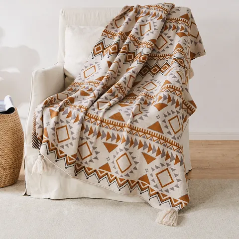 Bohemian Knitted Jacquard Throw Blanket Geometric Pattern Wool Blend Tassels Soft Warm Sofa Bed Blanket Camping Rug