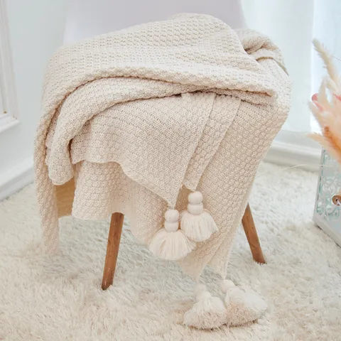Nordic Knitted Throw Blanket Tassel Pom-poms Pineapple Pattern Air Conditioning Sofa Bed Blanket Home Decor
