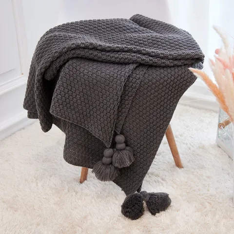 Nordic Tassels Knitted Blanket Pineapple Pattern Pom-pom Sofa Throw Blanket Acrylic Warm Home Bedroom Bedding Decor