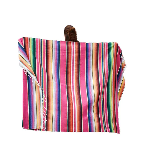 Mexican Style Colorful Striped Woven Table Runner Cotton Serape Blanket With Tassels For Home Party Decor