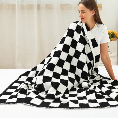 Minimalistisch Polyester Geknitterter Jacquard Schachbrett Decke Weich Warm Kuscheldecke Für Sofa Bett Schlafzimmer