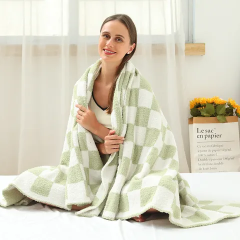 Minimalist Polyester Knitted Jacquard Checkerboard Blanket Soft Warm Throw Blanket For Sofa Bed Bedroom Home Decor