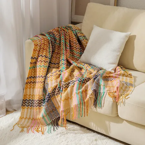 Boho Chenille Herringbone Woven Throw Blanket Thickened with Tassels for Sofa Bed Home Decor