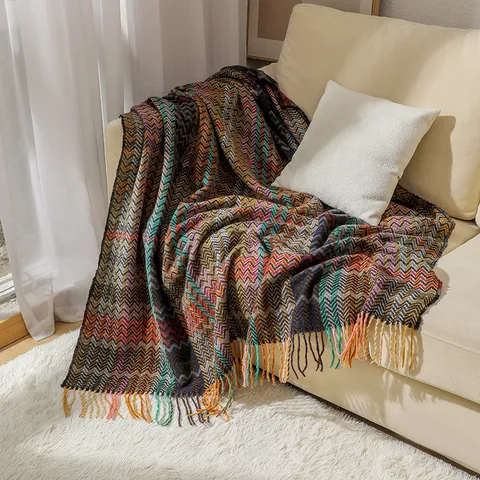 Boho Chenille Herringbone Woven Throw Blanket Thickened with Tassels for Sofa Bed Home Decor