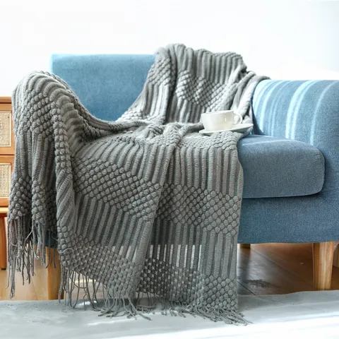 Nordic Knit Throw Blanket with Tassels Fringe Soft Cashmere-Like Decorative Bed Blanket for Sofa Couch Bedroom Living Room