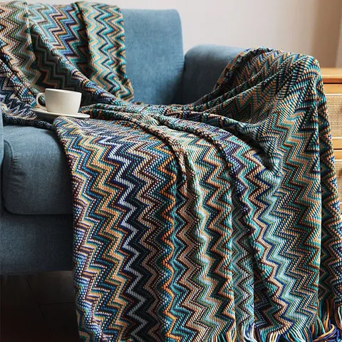 Bohemian Tassel Knit Throw Blanket Nordic Geometric Wave Pattern Soft Warm Sofa Blanket For Home Office Bedding