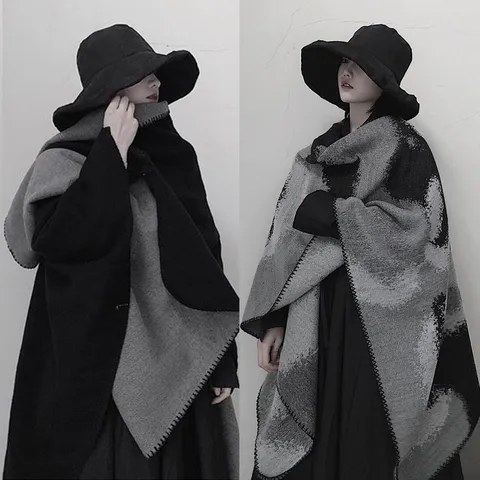Women Winter Warm Acrylic Synthetic Cashmere Shawl Cape Stylish Solid Color Color Block Open Front Fringe Blanket Scarf