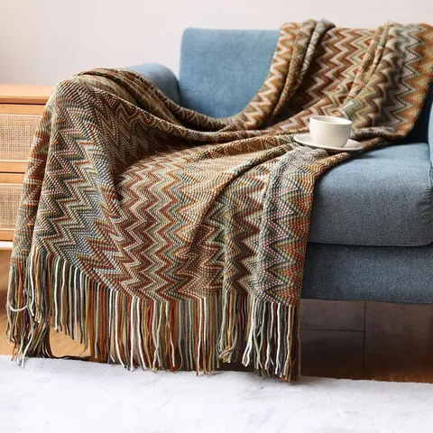 Bohemian Tassel Knit Throw Blanket Nordic Geometric Wave Pattern Soft Warm Sofa Blanket For Home Office Bedding
