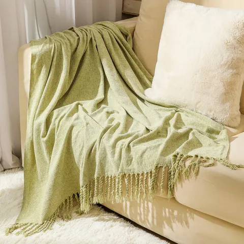 Solid Color Chenille Throw Blanket With Tassels Soft Warm Sofa Blanket Cozy Bedding Blanket For Living Room