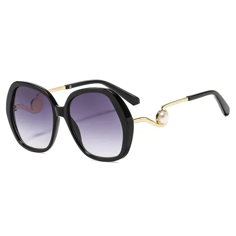 Dames Oversized Parel Zonnebril Trendy Anti-Blauw Licht Brilmontuur Metalen Veer Veelhoekige Zonnebril Voor Reizen UV400