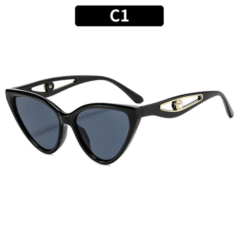 Damen Katzenaugen Sonnenbrille Perlen Hohlbügel UV400 Schutz Personalisierte Mode Sonnenbrille PC Metallrahmen Brille