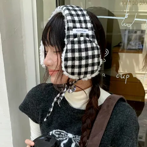 Britischer Stil Karo Ohrwärmer Herbst Winter Verdickter Plüsch Warm Ohrwärmer Süß Winddicht Earmuffs Für Damen