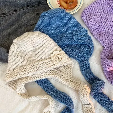 Handgehäkelte Wollmischung Sturmhaube Vintage Winter Warmer Mützen Schal Mit 3D Floral Und Ohrenklappenbändern