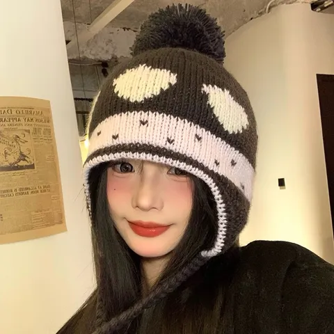 Winter Warm Thickened Knitted Beanie Hat Cute Strawberry Jacquard Pom Pom Ear Flap Knit Cap Fleece Lined Thermal Women Hat
