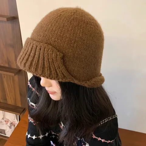 Damen Herbst Winter Casual Strick Fischerhut Einfarbig Unregelmäßige Gerollte Krempe Warme Strick Beanie Hut Tägliche Kleidung