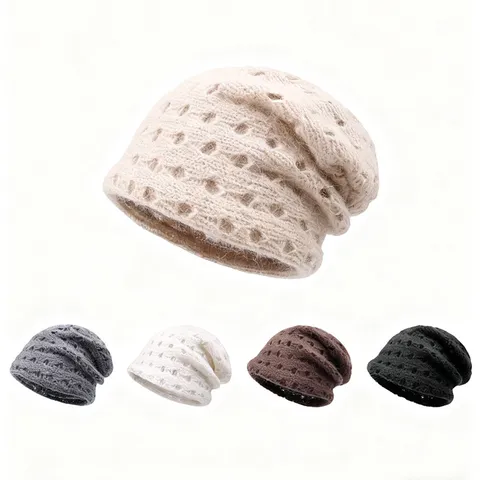 Herbst Winter Kaninchenfell-Mischung Slouchy Beanie Mütze Doppellagiges Mesh Ohrenschutz Warme Strick Pullover Kappe Für Damen