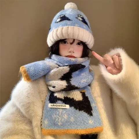 Winter Warme Gestrickte Mütze Und Schal Set Süßes Pinguin Muster Verdickte Thermische Acryl Kappe Für Damen