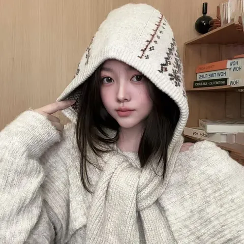 Damen Winter Verdickte Gestrickte Sturmhaube Mütze Schal Kombi Geometrisches Muster Warm Kapuze Pullover Mütze Kaltes Wetter Outdoor Ausrüstung