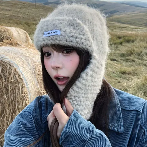 Mohair Warm Gestrickte Ohrenklappen Mütze Winter Flauschige Fliegermütze Für Damen Kaltes Wetter