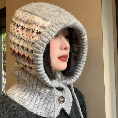 Fair Isle Balaclava Strickmütze Und Schal Integriert Winter Warm Winddicht Thermisch Ohrenschutz Mütze Für Damen
