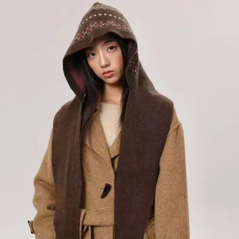 Bufanda con Capucha Cálida de Invierno para Mujer Vintage Jacquard Fair Isle Tejida Balaclava Chal Gorro Tocados para Clima Frío