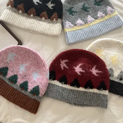 Damen Winter Warm Strickmütze Retro Jacquard Vogelmuster Lässige Wollmütze