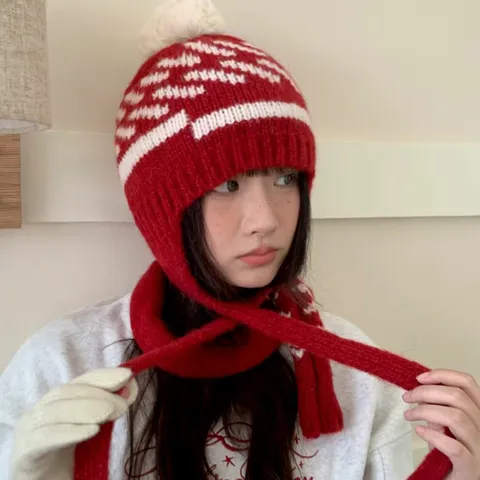 Koreanischer Stil Damen Winter Warm Bommel Ohrenklappe Strickmütze Geometrisches Muster Verdickte Skikappe