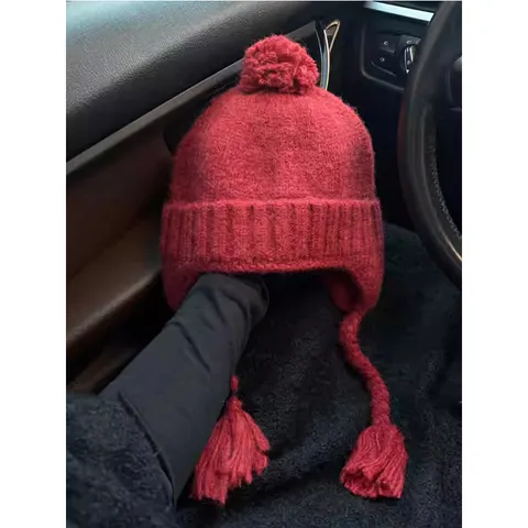 Winter Warm Strick Mütze Für Damen Süße Bommel Ohrenklappen Trapper Mütze Casual Verdickte Winddichte Thermische Mütze