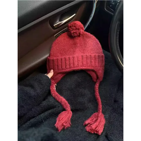 Winter Warm Strick Mütze Für Damen Süße Bommel Ohrenklappen Trapper Mütze Casual Verdickte Winddichte Thermische Mütze