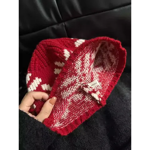 Women Winter Warm Knit Beanie Hat Australian Wool Vintage Ethnic Jacquard Snowflake Cap
