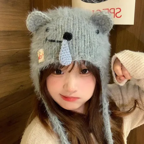 Damen Winter Warm Strick Beanie Mütze Süße Koala Tierohren Neuheit Ohrenschutz Acryl Pullover Mütze