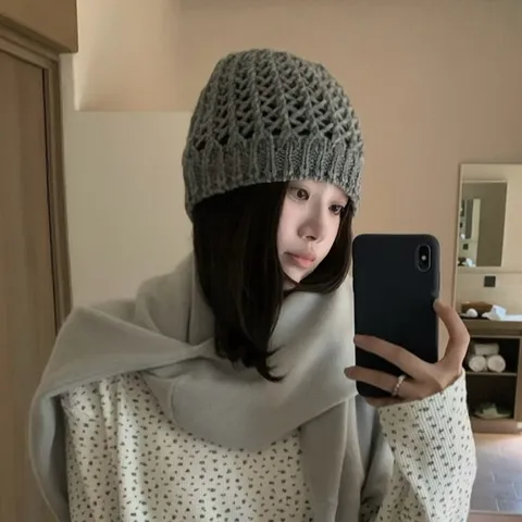 Damen Winter Warm Strickmütze Beanie Durchbrochen Wollmischung Vintage Lässig Einfarbig Slouch Cap