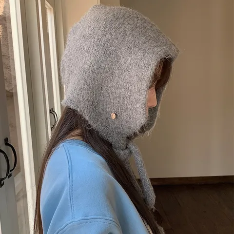 Damen Winter Warm Knitted Balaclava Mütze Wollmischung Ohrenschutz Beanie Einfarbig Verdickt Kaltes Wetter Winddichte Mütze