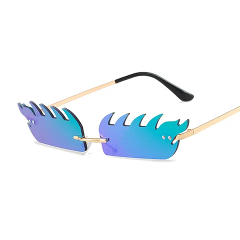 Rimless Flame Sunglasses Men Women Trendy Metal Frame Irregular Fire Shaped Lens Glasses Hip Hop Punk Streetwear Eyewear