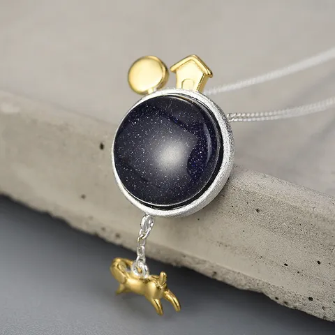 Ciondolo da Donna Fatto a Mano in Argento Sterling 925 con Pietra di Sabia Blu Design Creativo Tema Spazio Gioielli Galvanici Ciondolo Solo Senza Catena