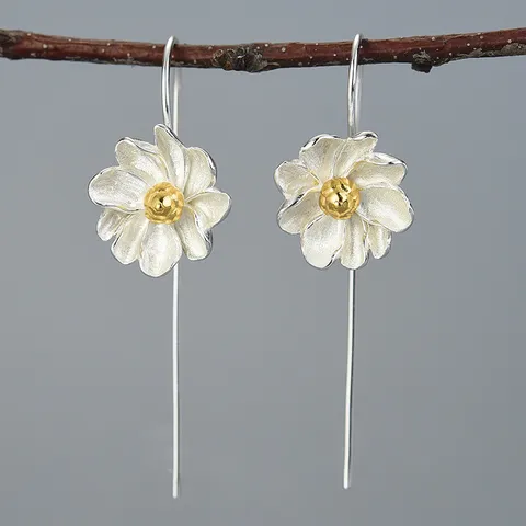 Handmade S925 Sterling Silver Jasmine Flower Dangle Hook Earrings Nature Inspired Elegant Floral Drop Earrings For Women Jewelry Gift