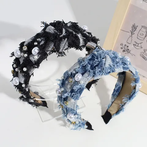 Mode Denim Geknotet Haarband Für Damen Mit Künstlichen Perlen Und Strass Elegant Geknotet Kopfband High-End Design Haarschmuck
